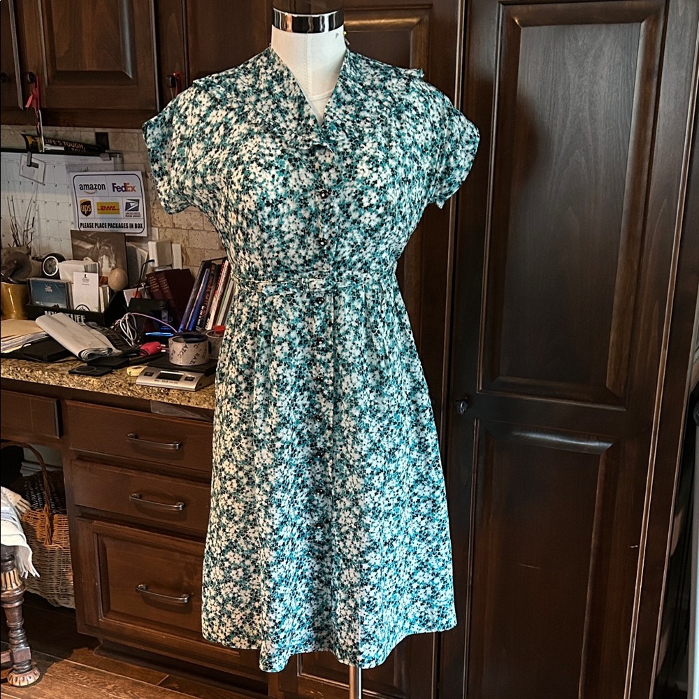 Antique 1940’s 1950’s Bea Young Sz 6 Floral Teal Green Day Dress GVC